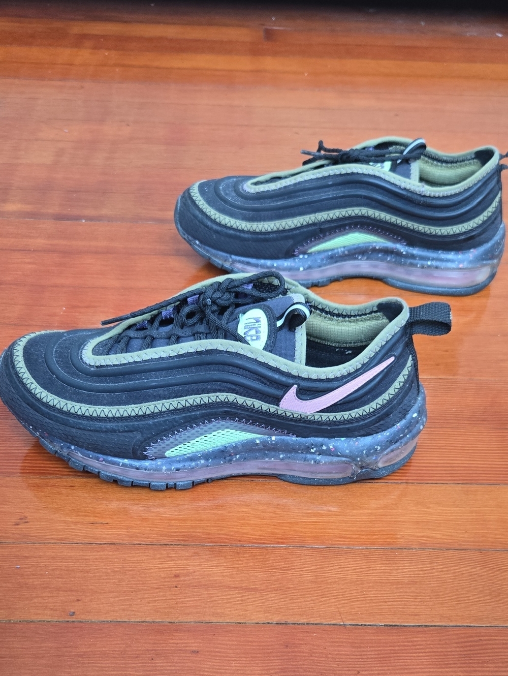 Nike Black Olive and Pink Swoosh Sneakers